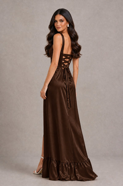 BOLODOO Chocolate Square Neck Satin Evening Dress with Lace-Up Back and High Slit - Chocolate - Chocolate_2