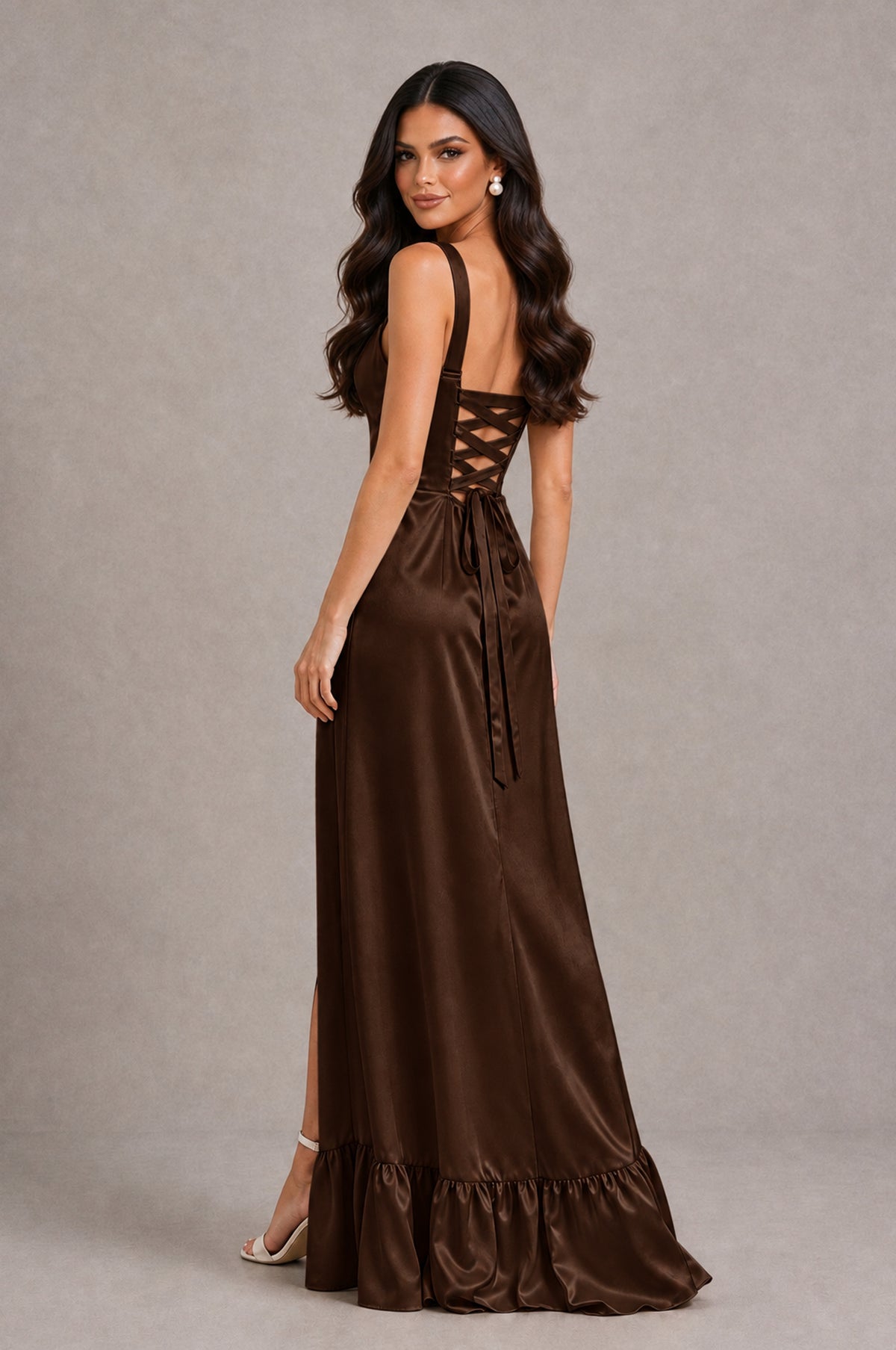 BOLODOO Chocolate Square Neck Satin Evening Dress with Lace-Up Back and High Slit - Chocolate - Chocolate_2