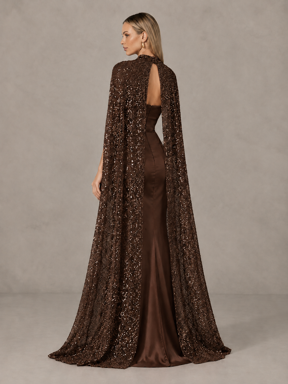 BOLODOO Chocolate Strapless Satin-Look Evening Gown with Sequin Cape - Chocolate - Chocolate_2