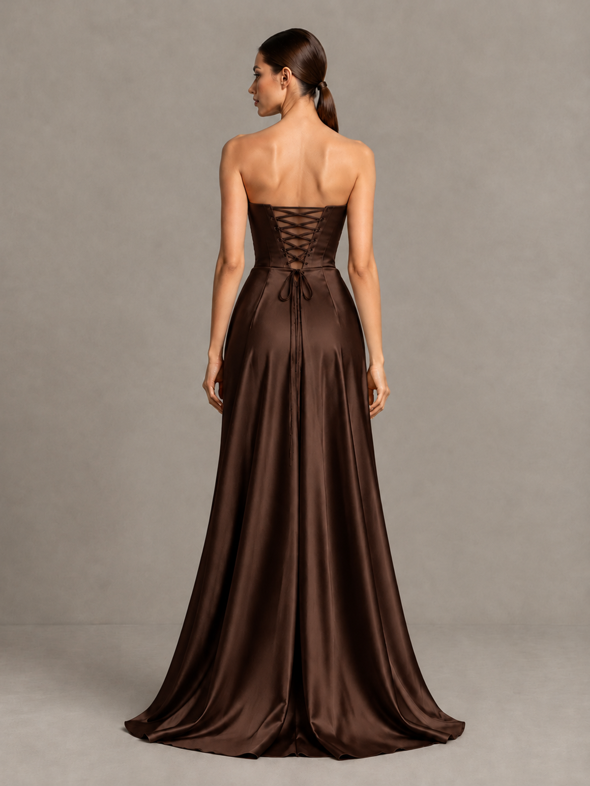 BOLODOO Chocolate Strapless Satin High-Slit Lace-Up Prom Dress - Chocolate - Chocolate_2