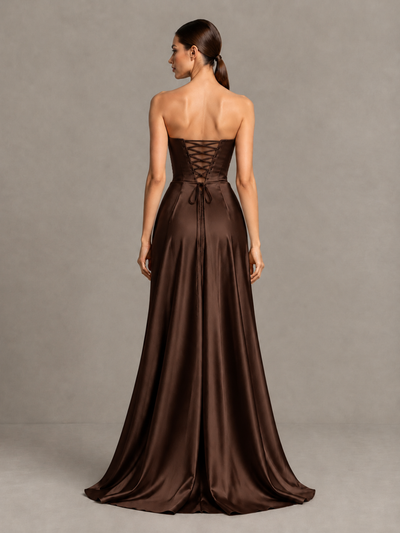 BOLODOO Chocolate Strapless Satin High-Slit Lace-Up Prom Dress - Chocolate - Chocolate_2