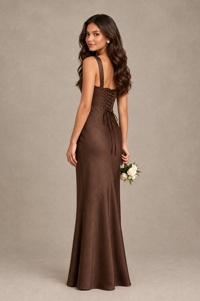 BOLODOO Chocolate Square Neck Ruched Satin Lace-Up Bridesmaid Dress - Chocolate - Chocolate_2