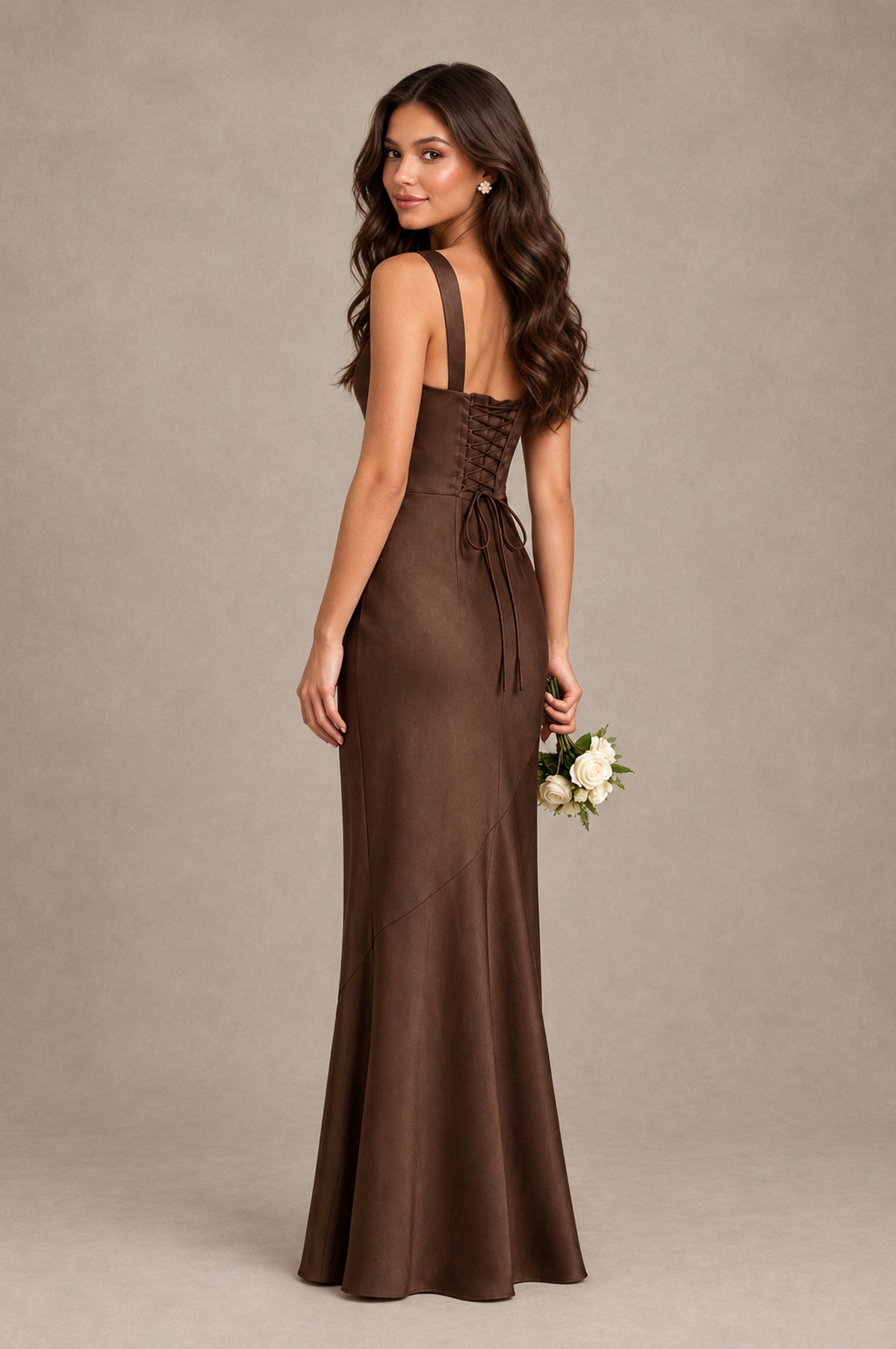 BOLODOO Chocolate Square Neck Ruched Satin Lace-Up Bridesmaid Dress - Chocolate - Chocolate_2
