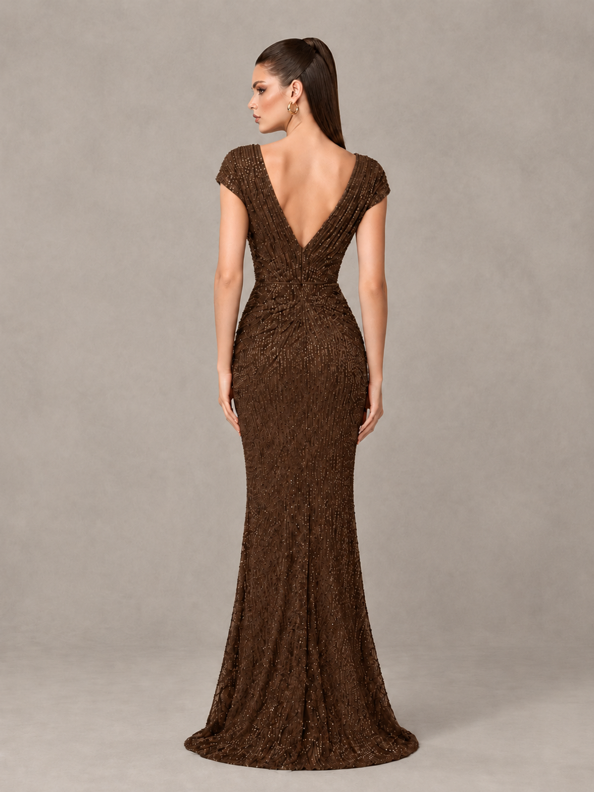 BOLODOO Chocolate Glitter V-Neck Cap Sleeve Ruched Mermaid Evening Gown - Chocolate - Chocolate_2