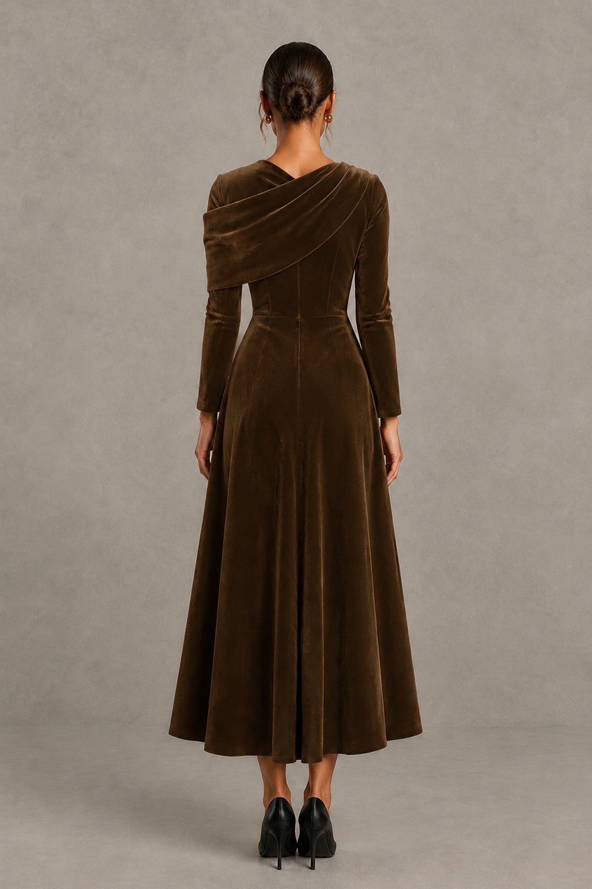 BOLODOO Chocolate Velvet-Look Long Sleeve Tea-Length A-Line Dress with Draped Neckline - Chocolate - Chocolate_2