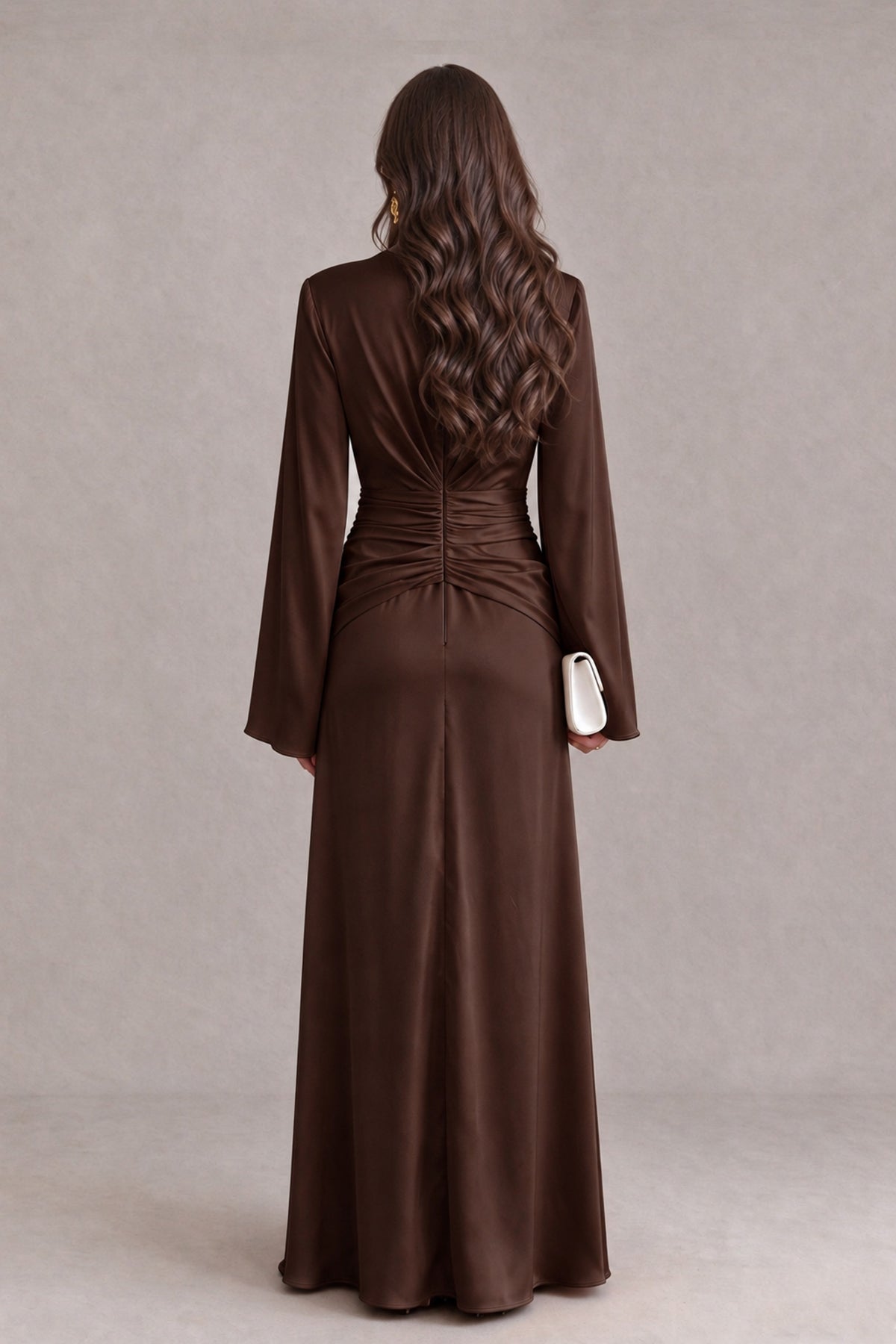 BOLODOO Chocolate Yellow Satin-Look V-Neck Long Bell Sleeve Evening Dress - Chocolate - Chocolate_2