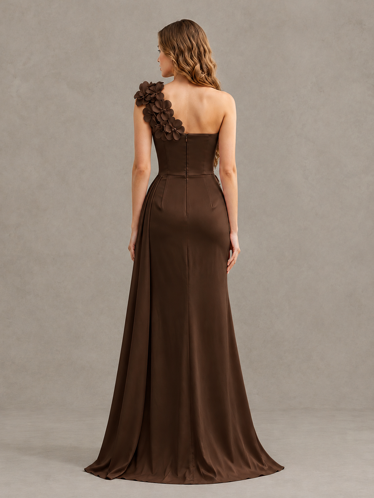 BOLODOO Chocolate One-Shoulder Satin Mermaid Evening Gown with 3D Floral Appliqué - Chocolate - Chocolate_2