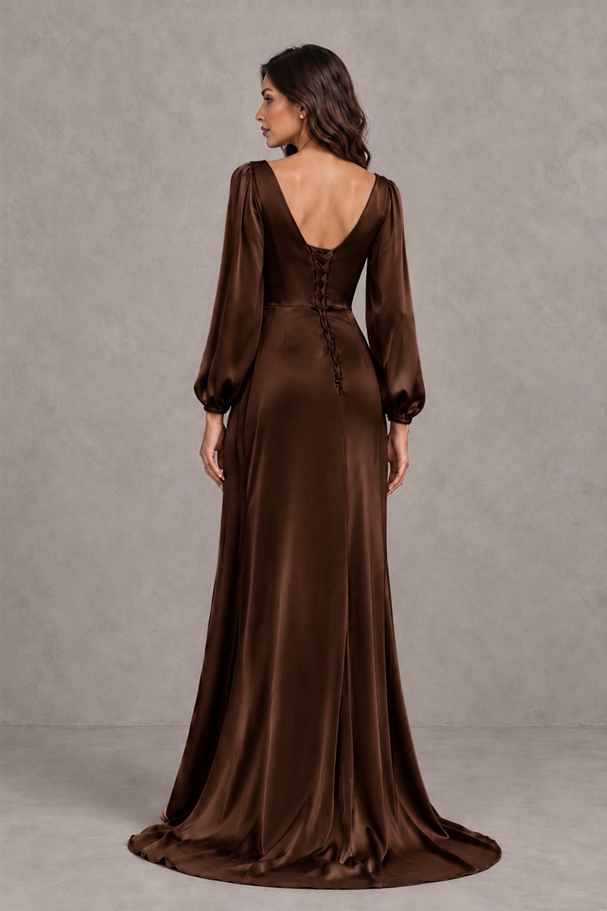 BOLODOO Chocolate Satin-Look Long Sleeve Evening Dress with High Slit - Chocolate - Chocolate_2