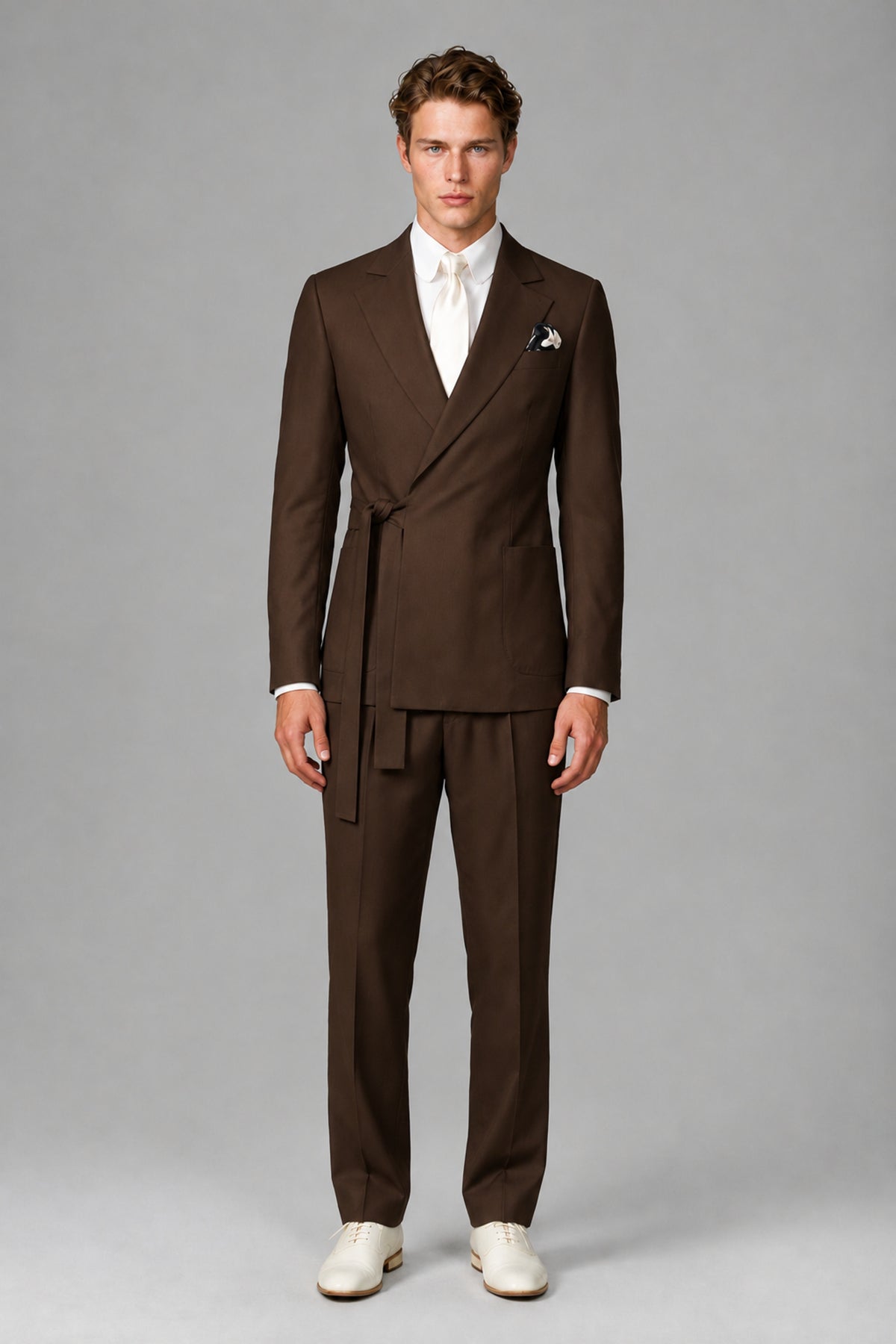 Bolodoo Men's Chocolate Wrap Tie-Waist Two-Piece Suit – Jacket & Trousers - Chocolate - Chocolate_2