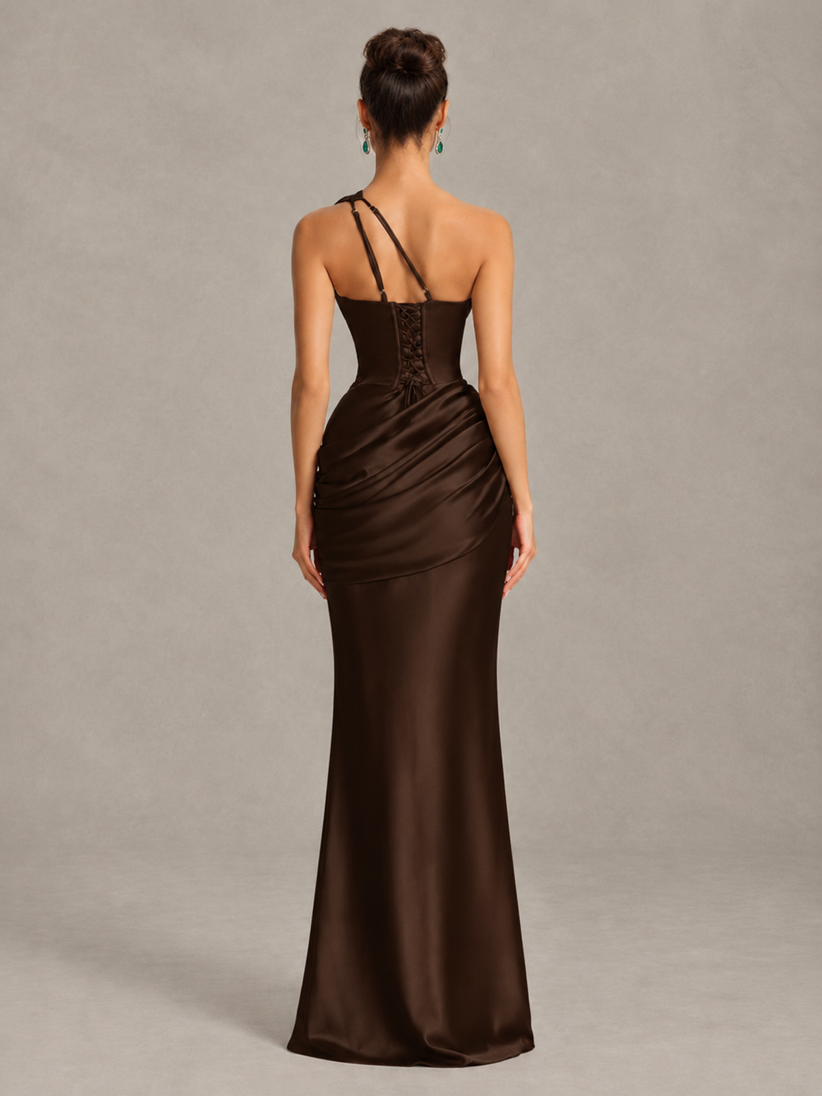 BOLODOO Chocolate One-Shoulder Cutout Satin Mermaid Prom Dress - Chocolate - Chocolate_2