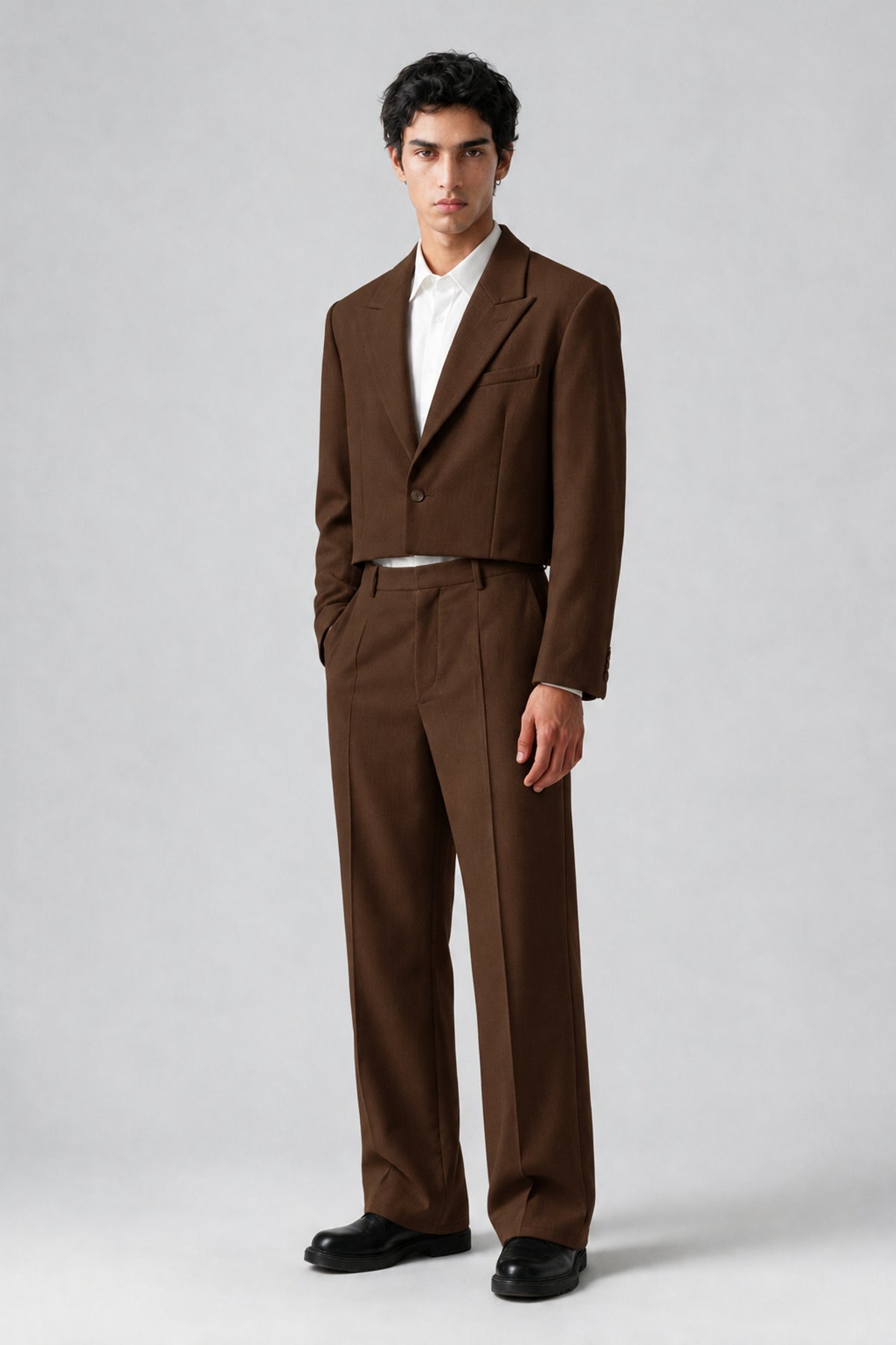 Bolodoo Men's Chocolate Cropped Blazer & Wide-Leg Trousers 2-Piece Suit - Chocolate - Chocolate(2)