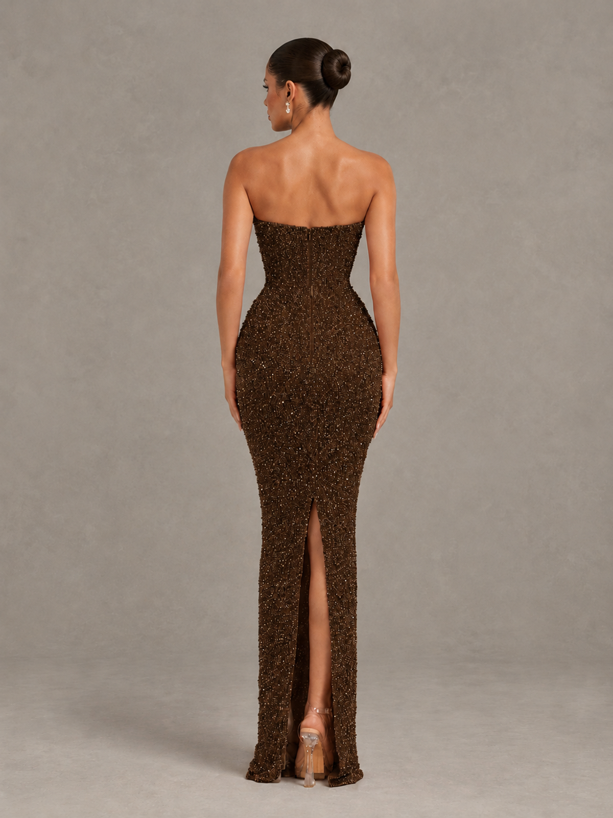 BOLODOO Chocolate Strapless Sequin Evening Gown with Floral Neckline - Chocolate - Chocolate_2