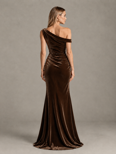 BOLODOO Chocolate One-Shoulder Velvet Mermaid Evening Gown - Chocolate - Chocolate_2