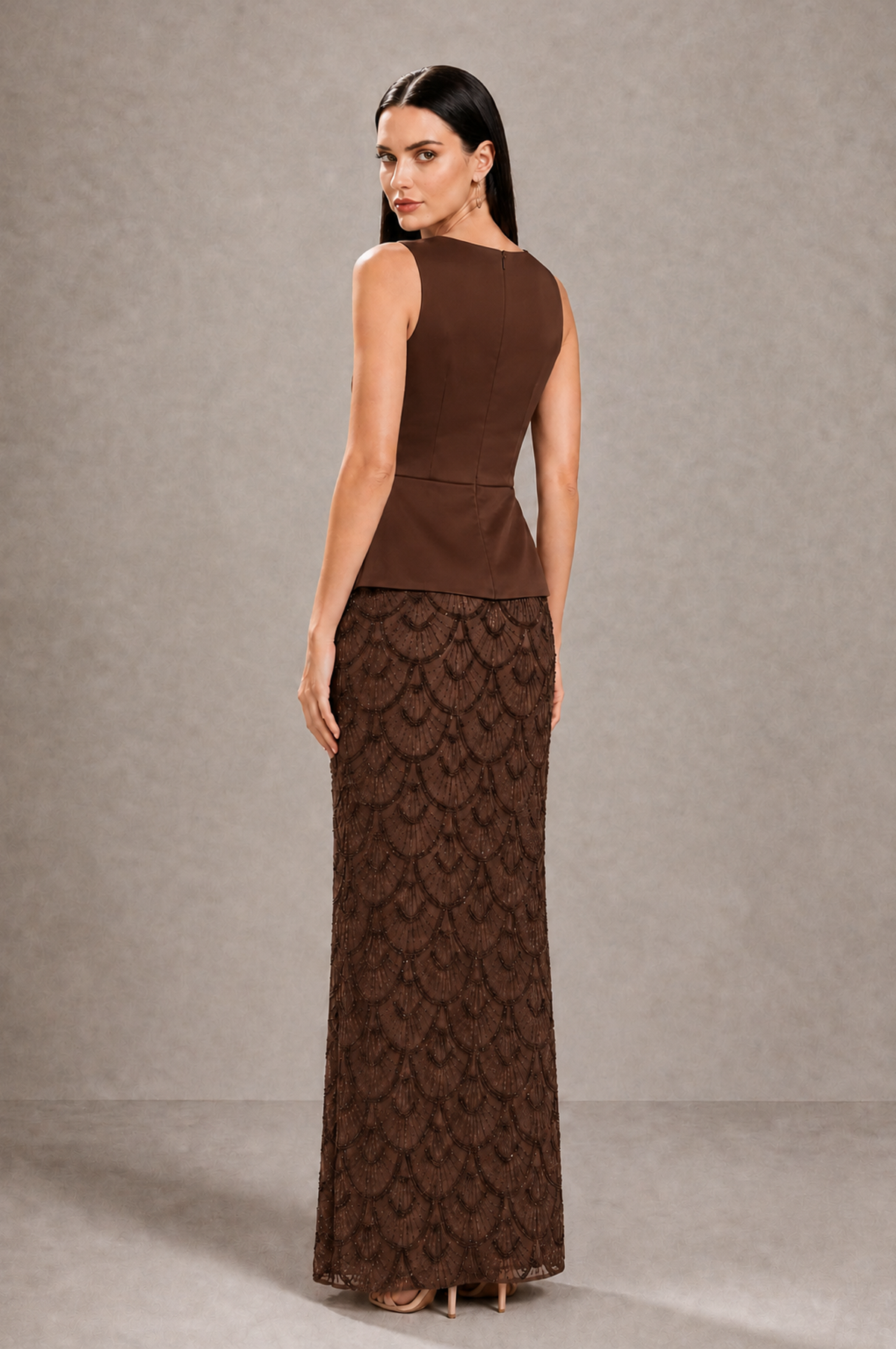 BOLODOO Chocolate Sleeveless Satin & Lace Peplum Evening Dress - Chocolate - Chocolate_2