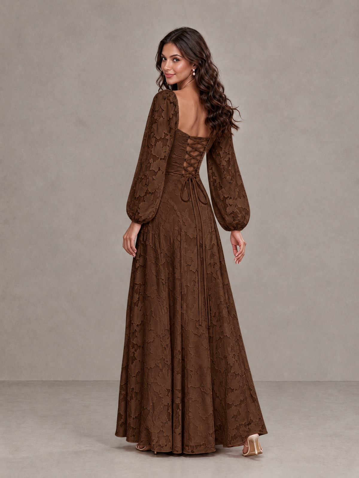 BOLODOO Chocolate Floral Long Sleeve A-Line Bridesmaid Dress - Chocolate - Chocolate_2