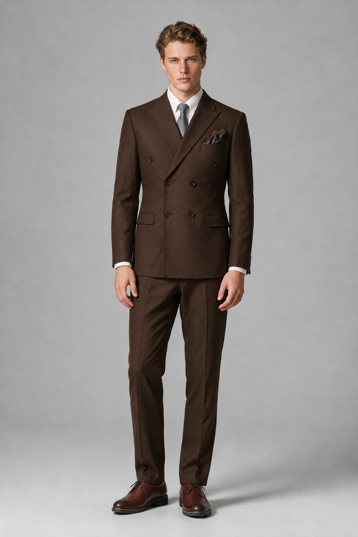 Bolodoo Men's Chocolate Double-Breasted Two-Piece Suit with Peak Lapels - Chocolate - Chocolate_2