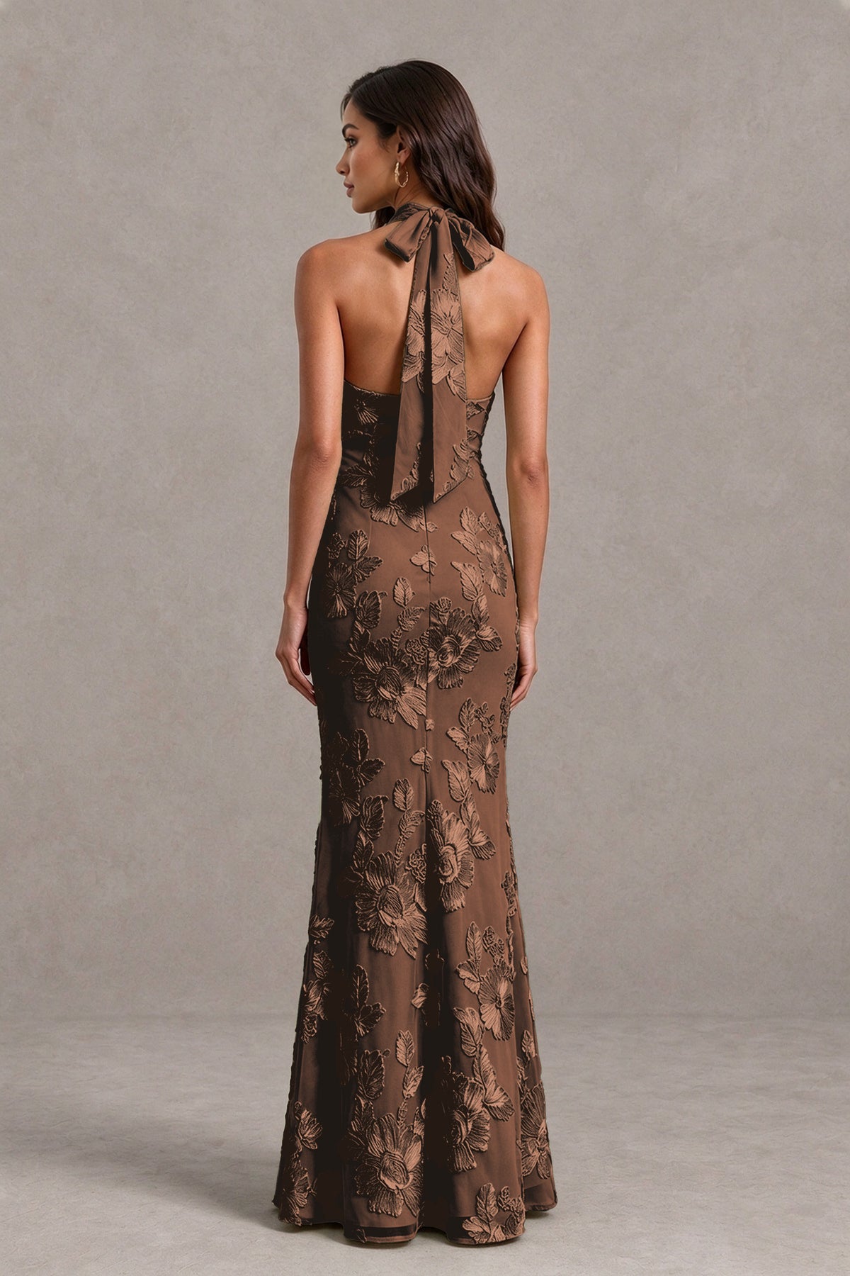 BOLODOO Chocolate Floral Jacquard Halter Maxi Dress - Chocolate - Chocolate(2)