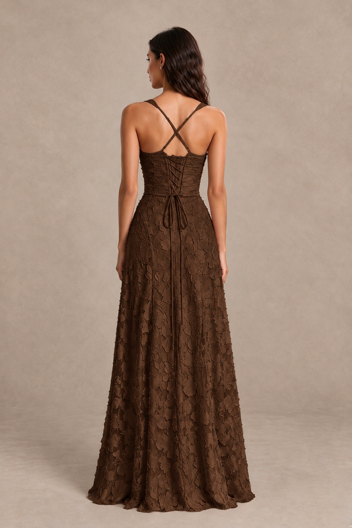 BOLODOO Chocolate Floral-Textured A-Line Dress with Lace-Up Back - Chocolate - Chocolate_2