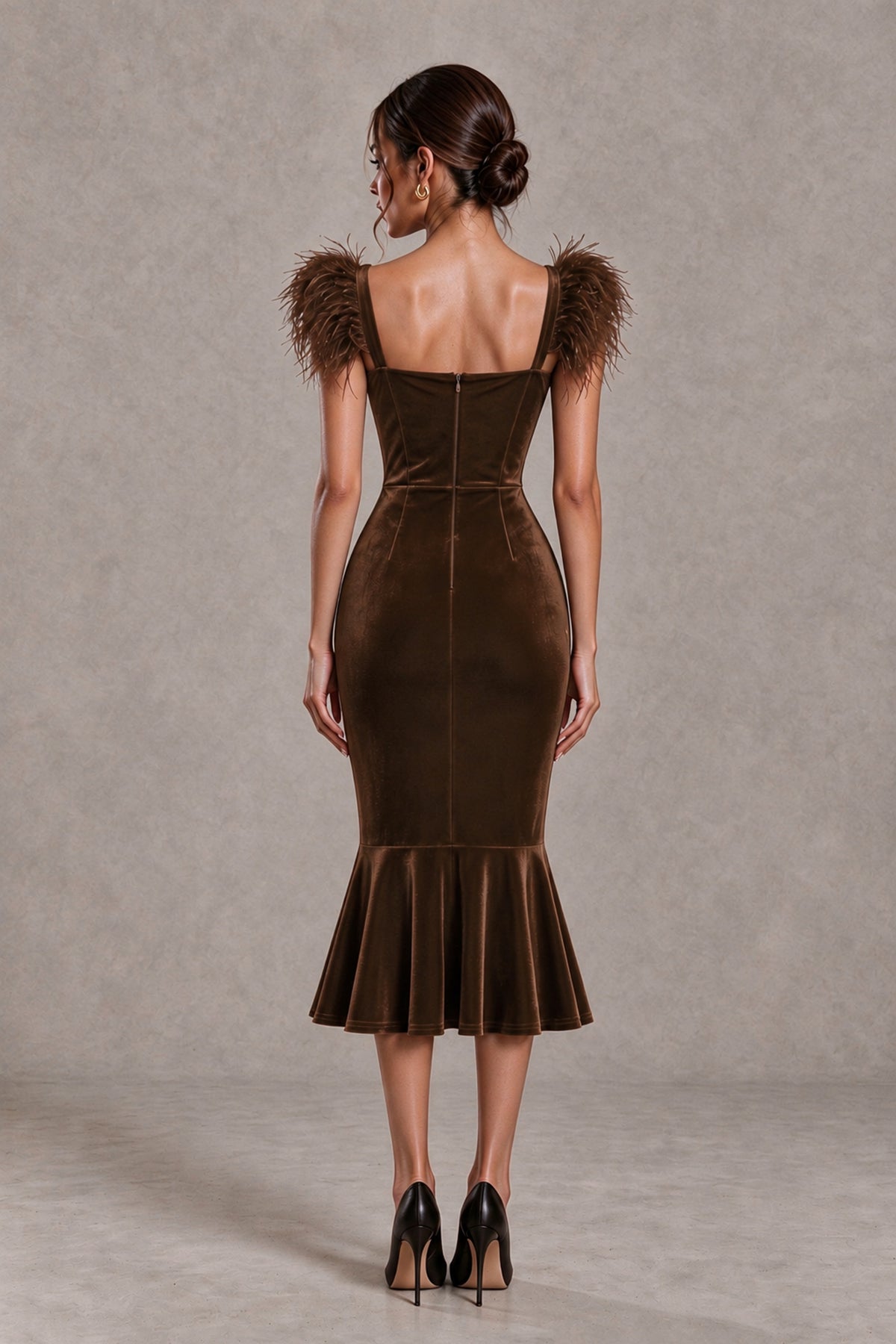 BOLODOO Chocolate Feather-Trim Velvet-Look Mermaid Midi Dress - Chocolate - Chocolate_2