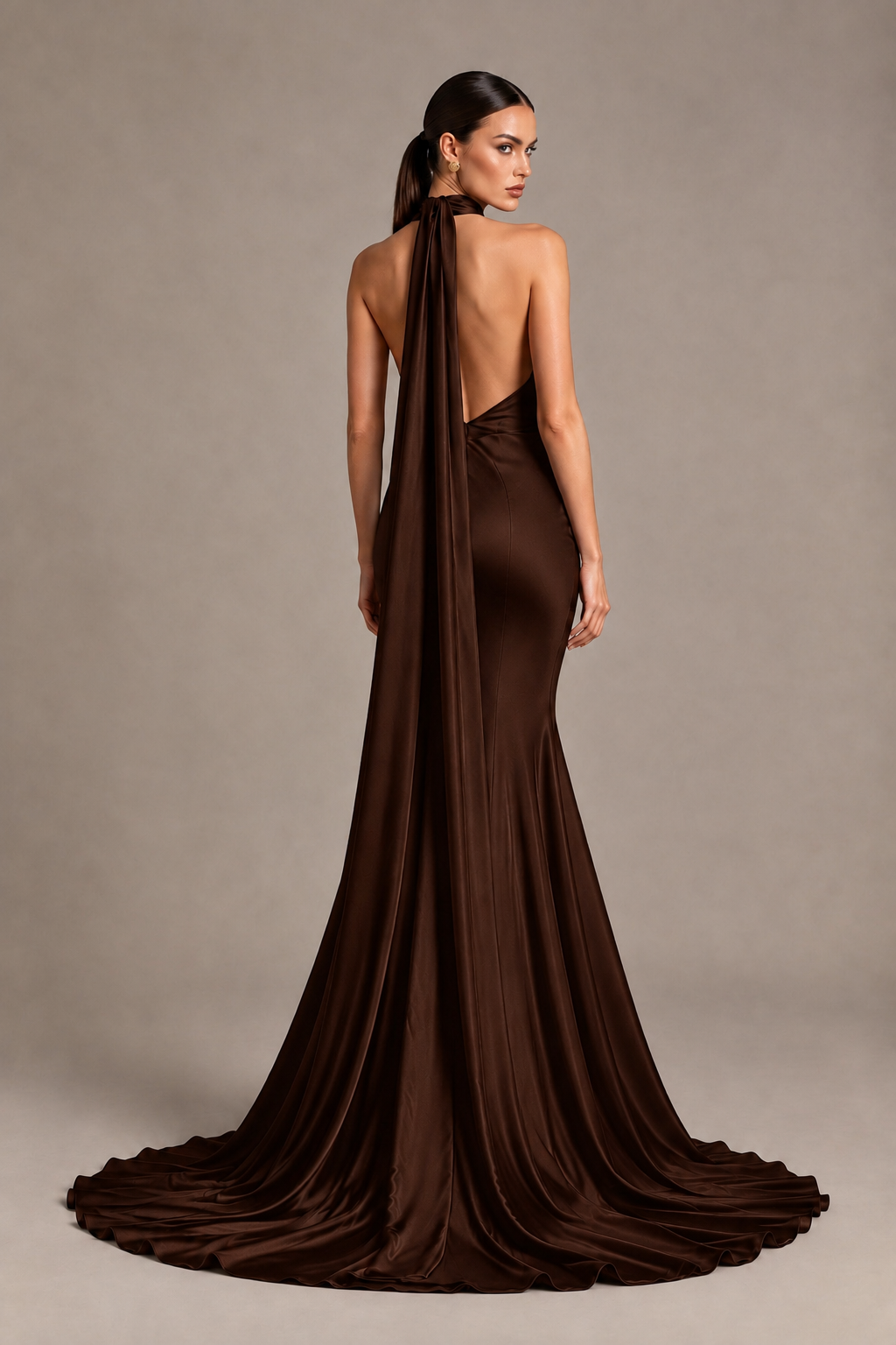 BOLODOO Chocolate One-Shoulder Satin Mermaid Evening Dress with Scarf - Chocolate - Chocolate_2