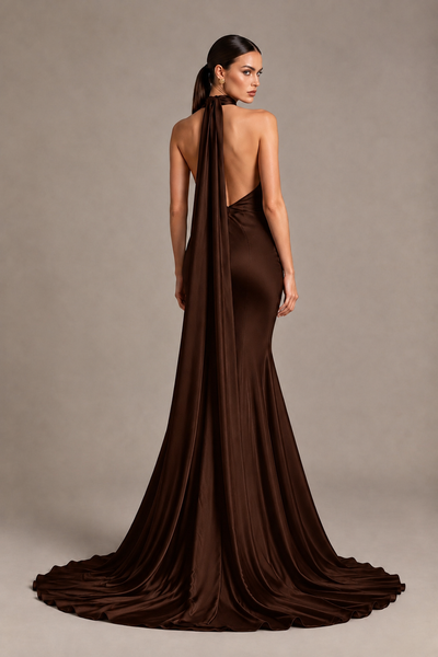 BOLODOO Chocolate One-Shoulder Satin Mermaid Evening Dress with Scarf - Chocolate - Chocolate_2