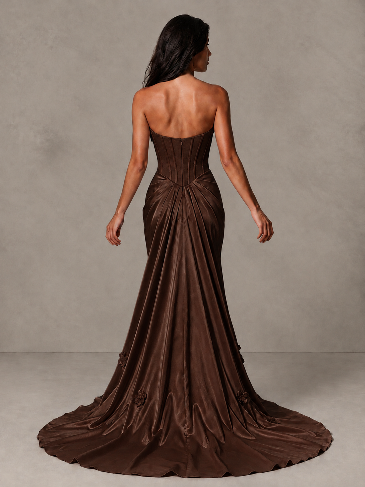 BOLODOO Chocolate Strapless Floral Corset Evening Gown with Train - Chocolate - Chocolate_2