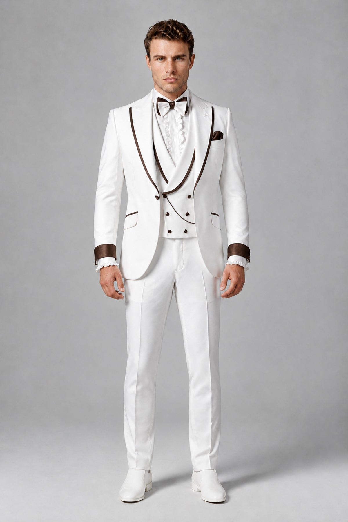 Bolodoo Men's White and Chocolate Three-Piece Wedding Tuxedo Suit - Chocolate - Chocolate_2