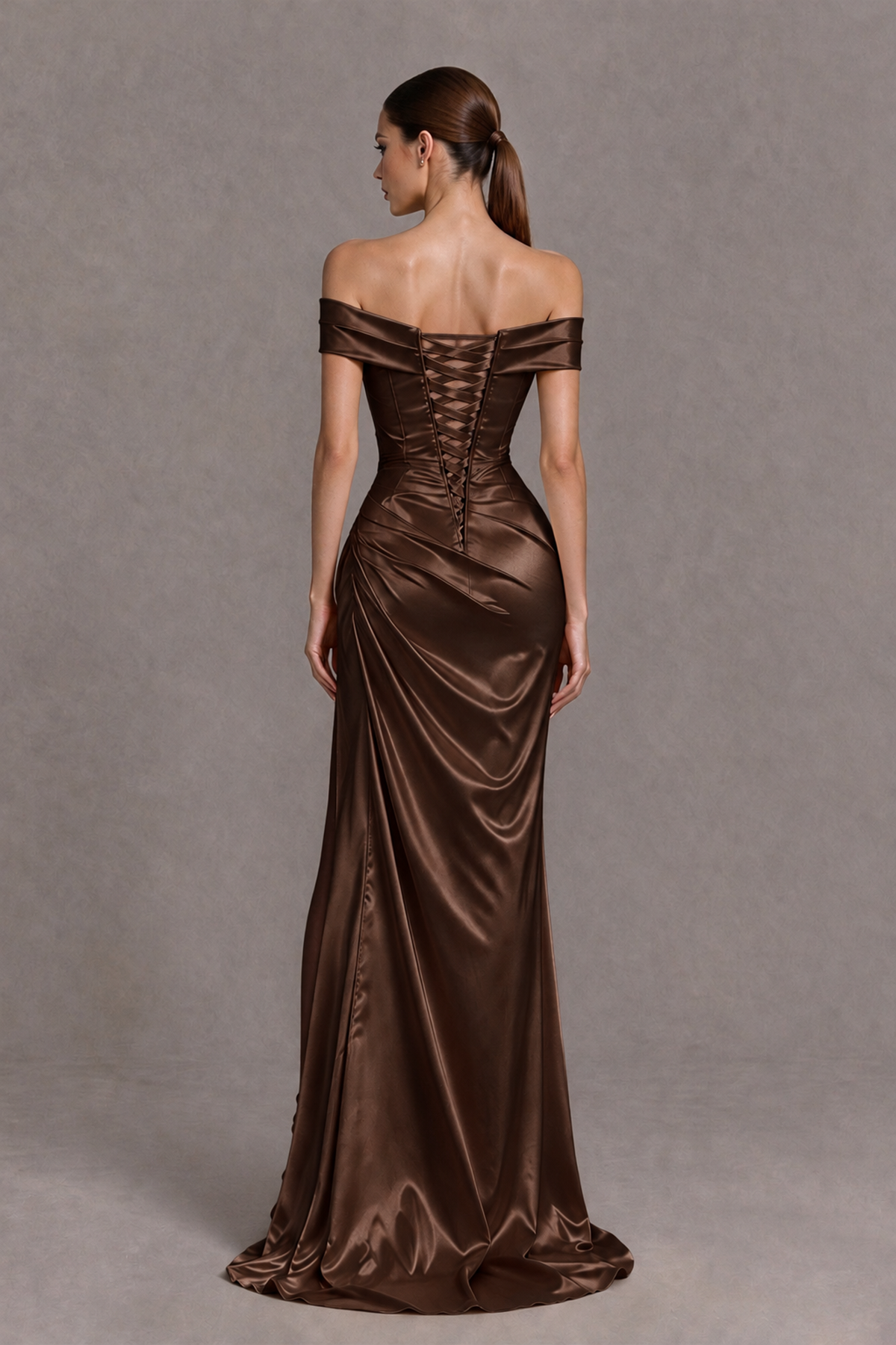 BOLODOO Chocolate Off-the-Shoulder Ruched Satin Prom & Evening Dress with High Slit - Chocolate - Chocolate_2