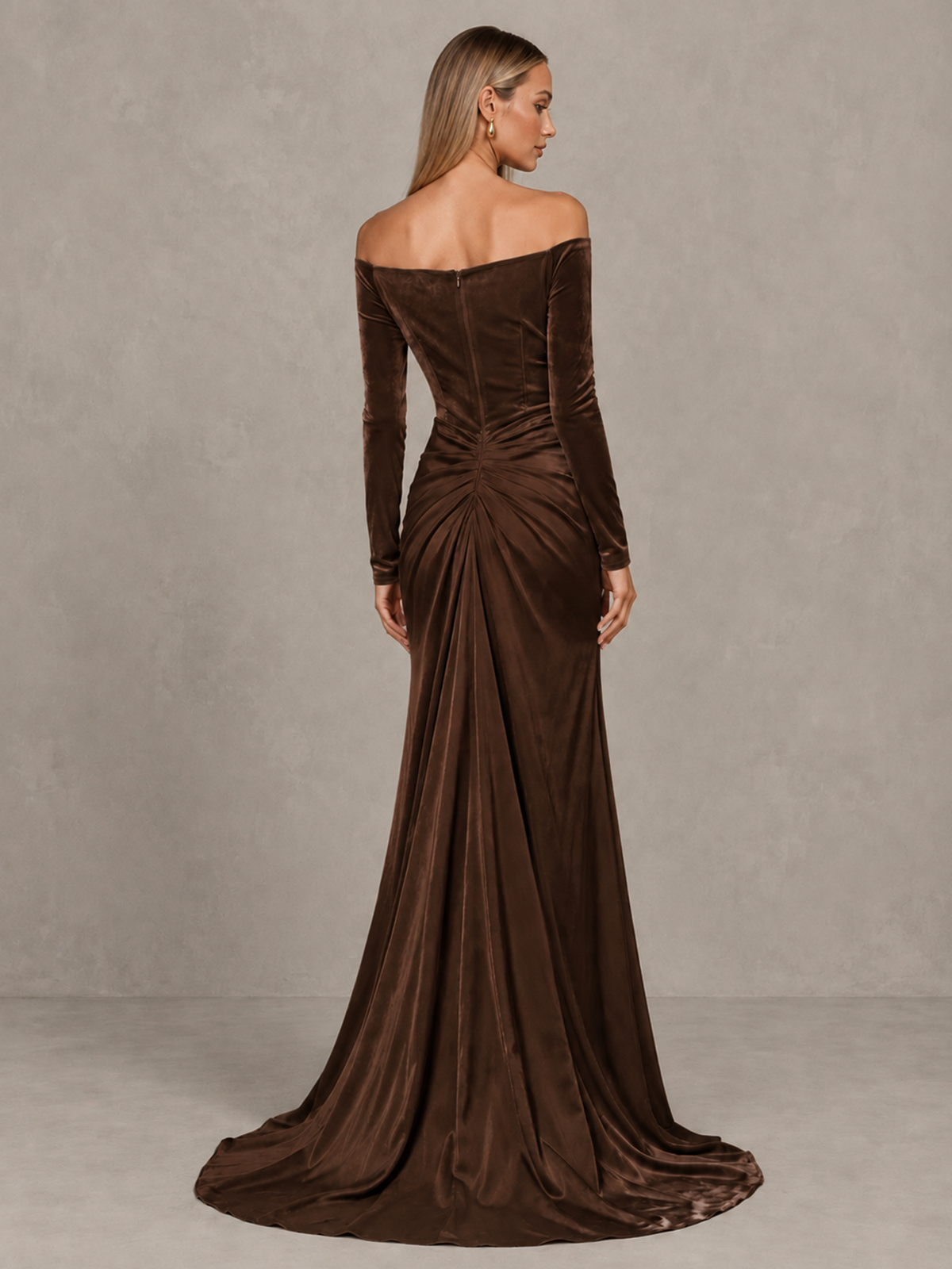 BOLODOO Chocolate Off-Shoulder Velvet Evening Gown with High Slit - Chocolate - Chocolate_2