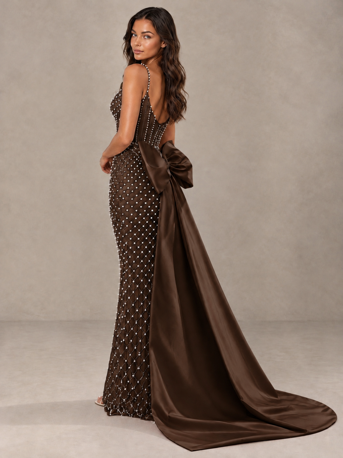 BOLODOO Chocolate Beaded Corset Prom Dress with Bow Train - Chocolate - Chocolate_2