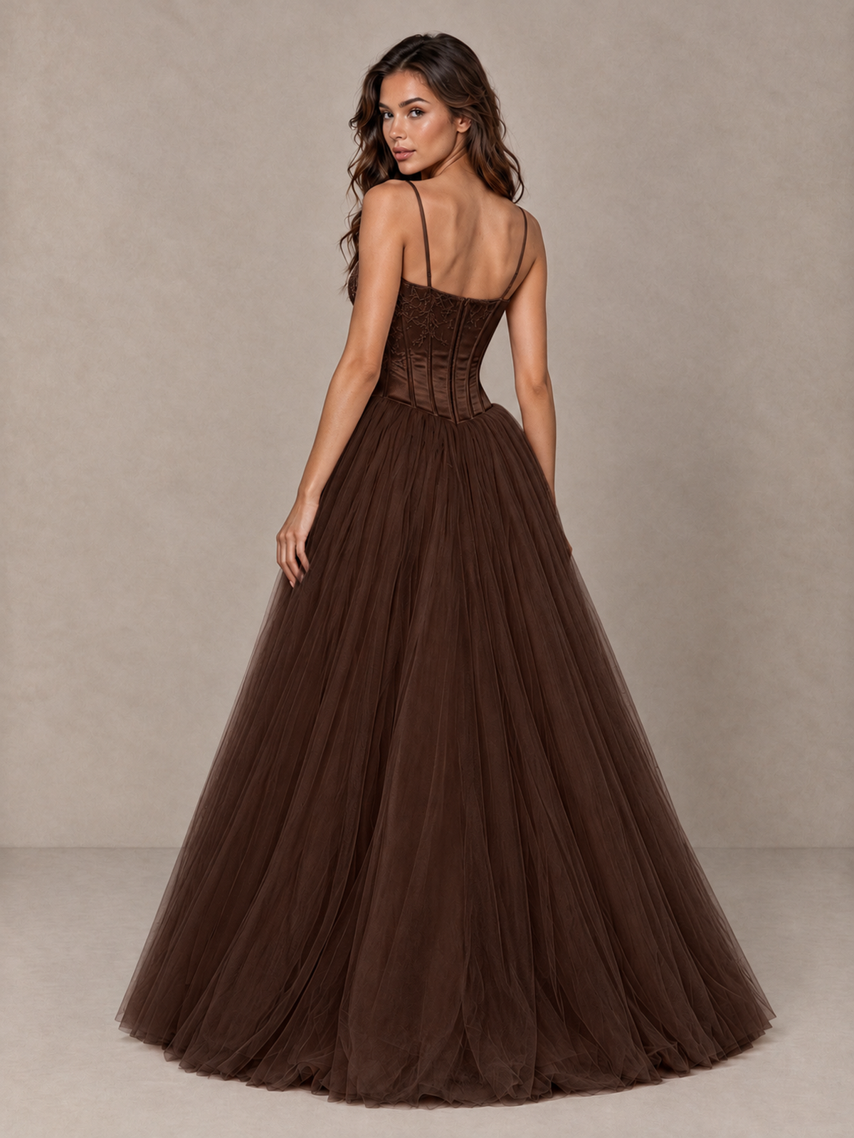 BOLODOO Chocolate Corset Tulle Prom Dress with Spaghetti Straps - Chocolate - Chocolate_2
