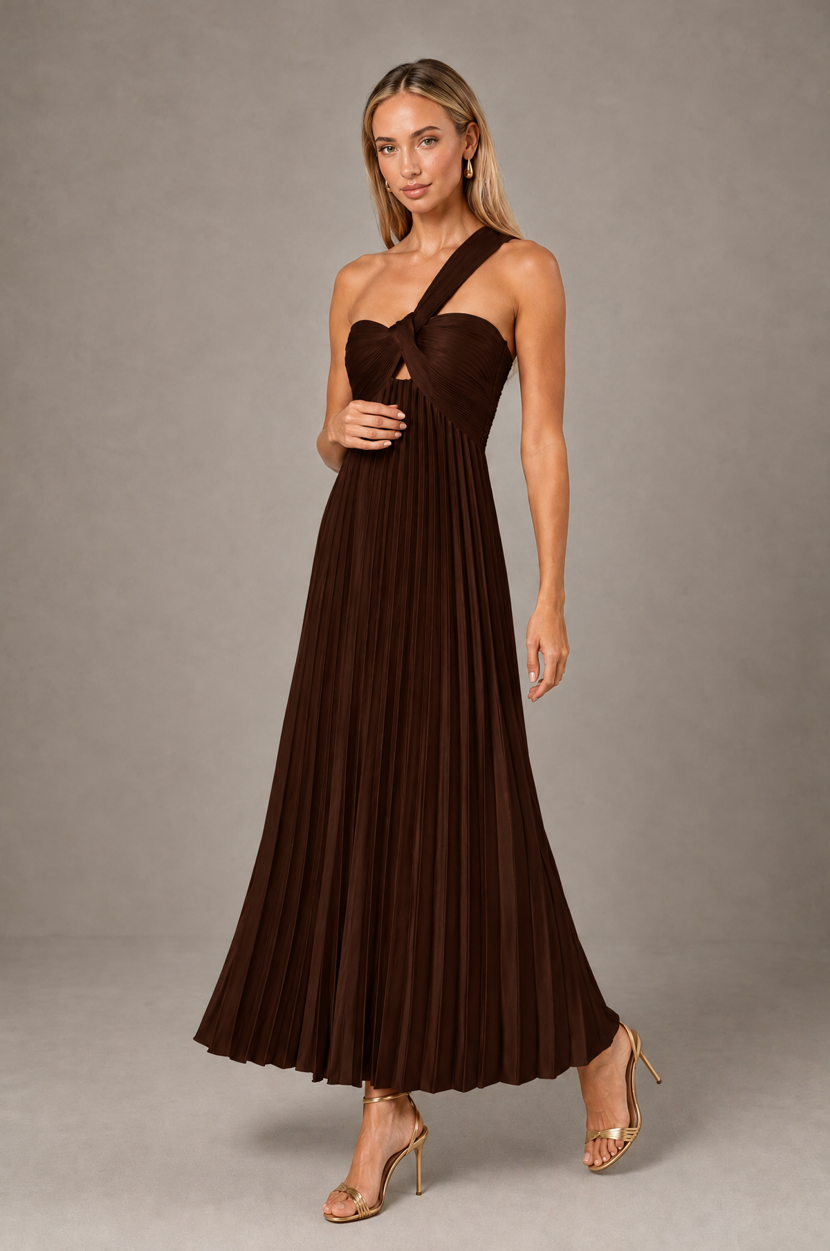BOLODOO Chocolate One-Shoulder Twist Knot Pleated Satin Midi Dress with Cutout - Chocolate - Chocolate_3