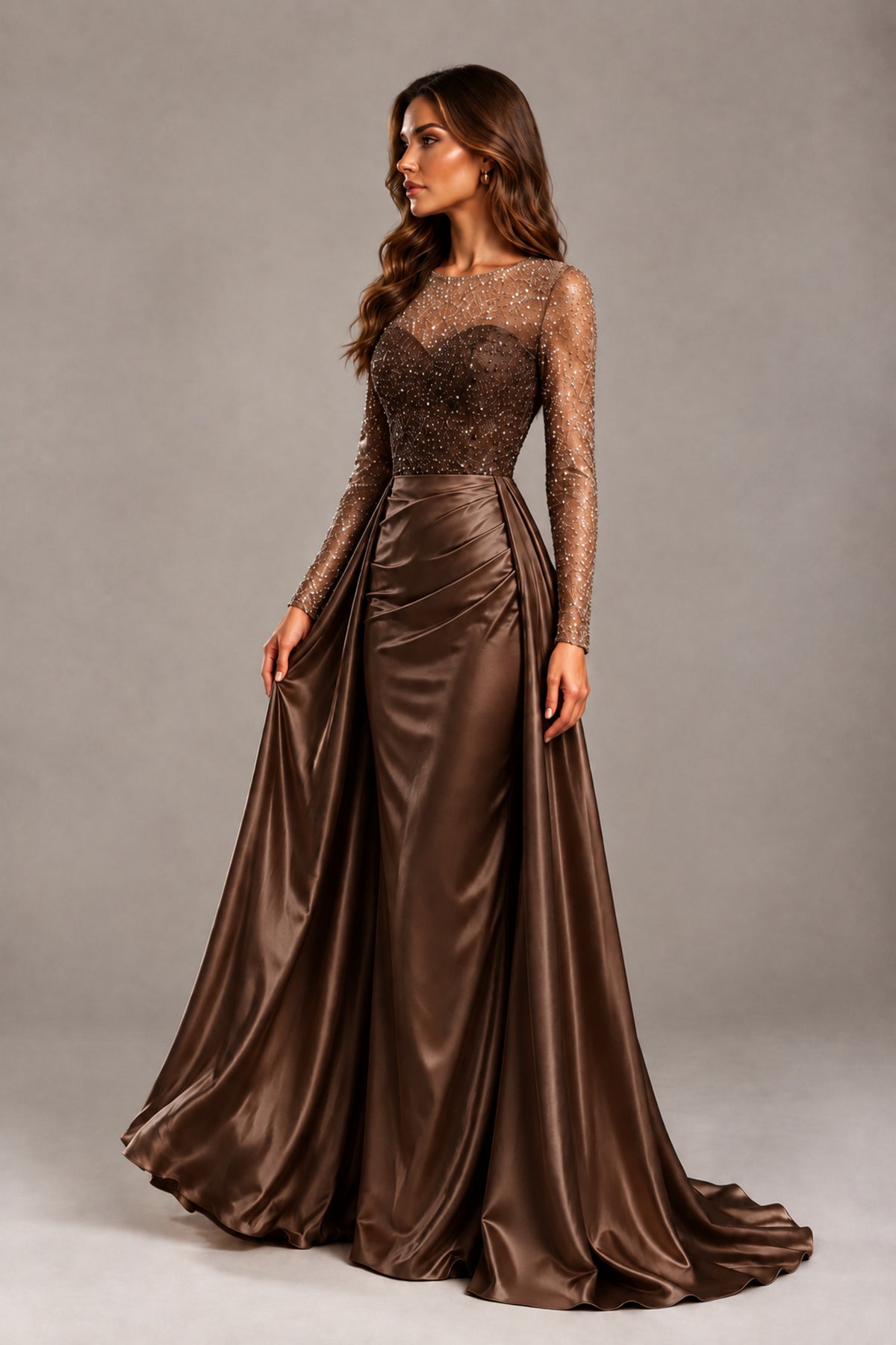 BOLODOO Chocolate Long Sleeve Embellished Satin Evening Gown with Sweep Train - Chocolate - Chocolate_3