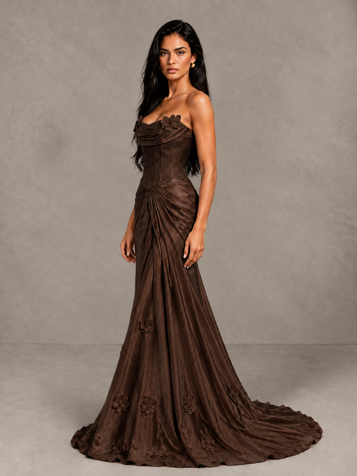 BOLODOO Chocolate Strapless Floral Corset Evening Gown with Train - Chocolate - Chocolate_3
