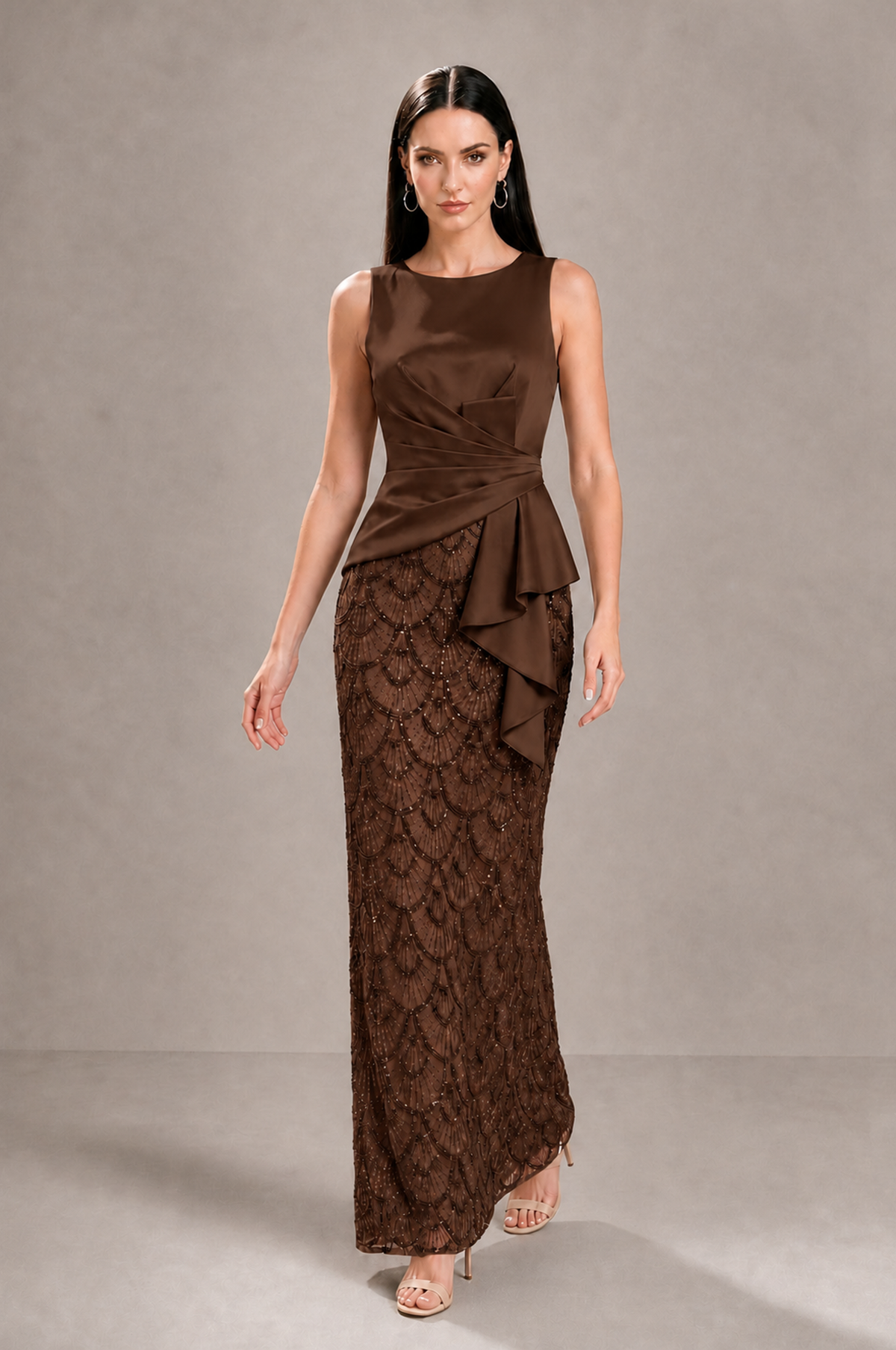 BOLODOO Chocolate Sleeveless Satin & Lace Peplum Evening Dress - Chocolate - Chocolate_3