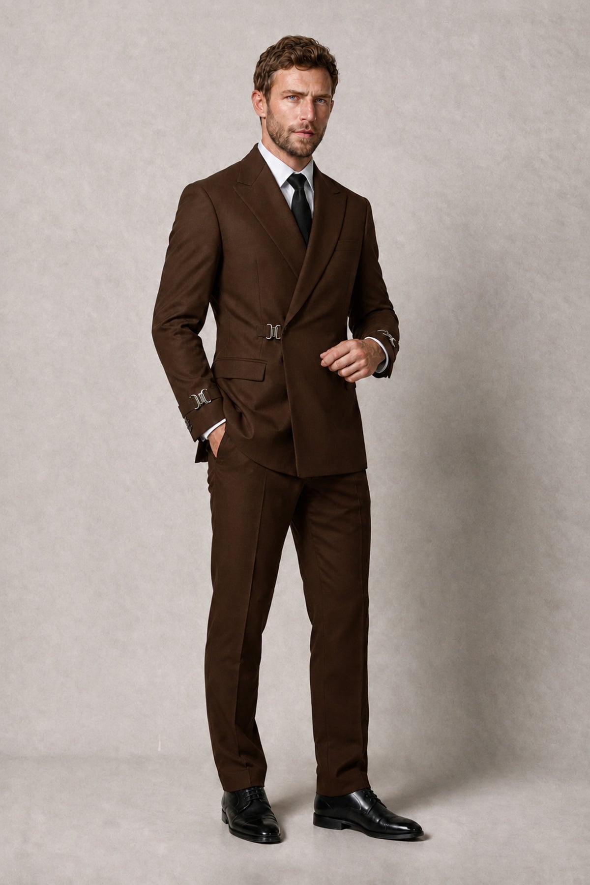 BOLODOO Men's Chocolate Double-Breasted 2-Piece Suit Set – Blazer & Tailored Trousers - Chocolate