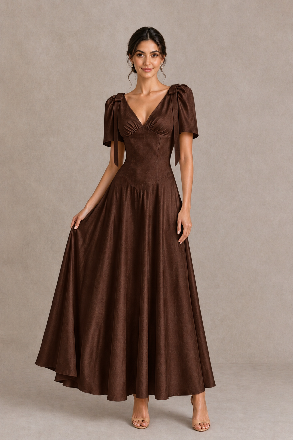 BOLODOO Chocolate V-Neck Short Sleeve Satin-Look Bridesmaid Dress with Shoulder Bows - Chocolate - Chocolate_3