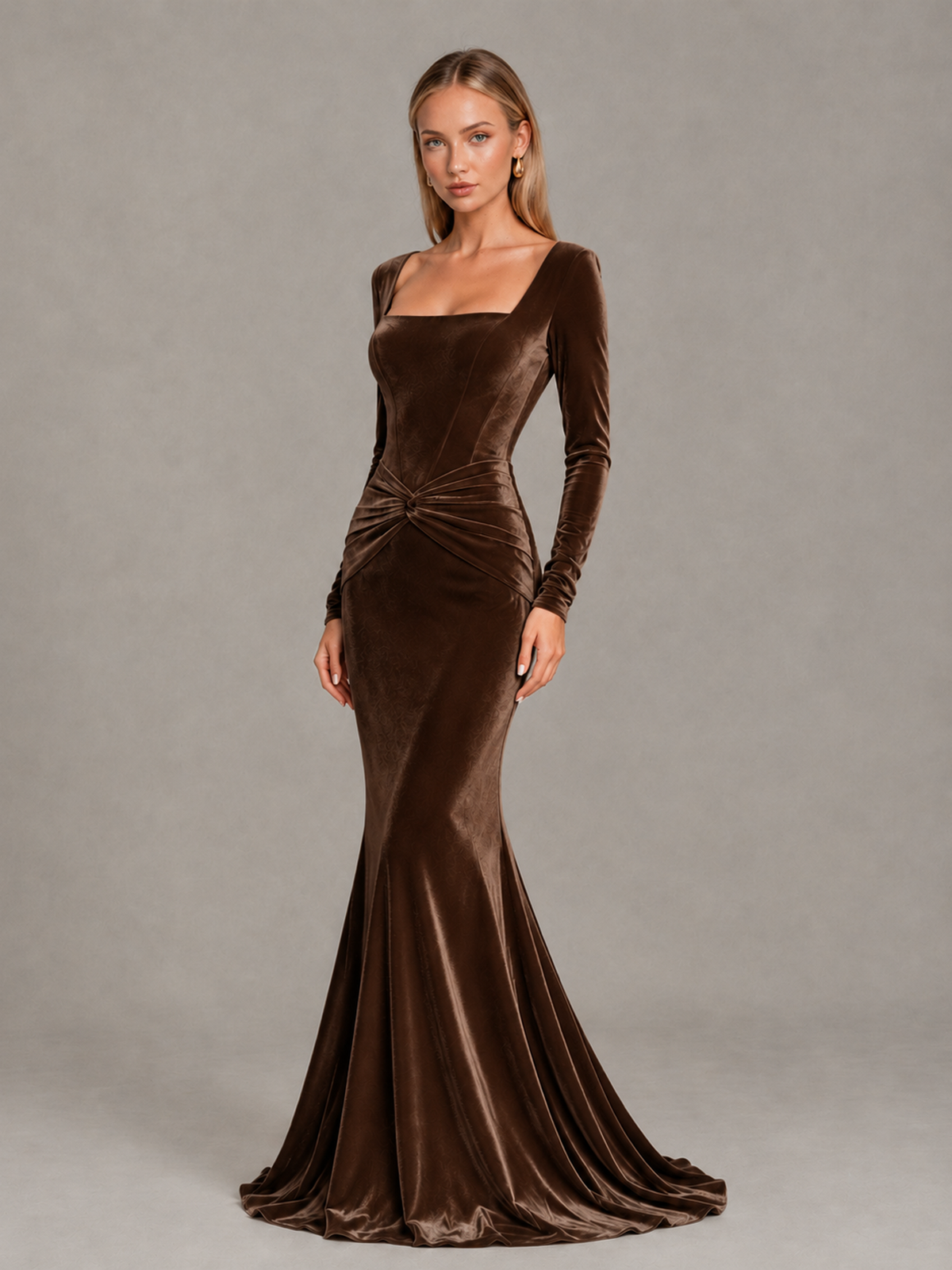 BOLODOO Chocolate Velvet-Look Square Neck Long Sleeve Mermaid Evening Dress - Chocolate - Chocolate_3
