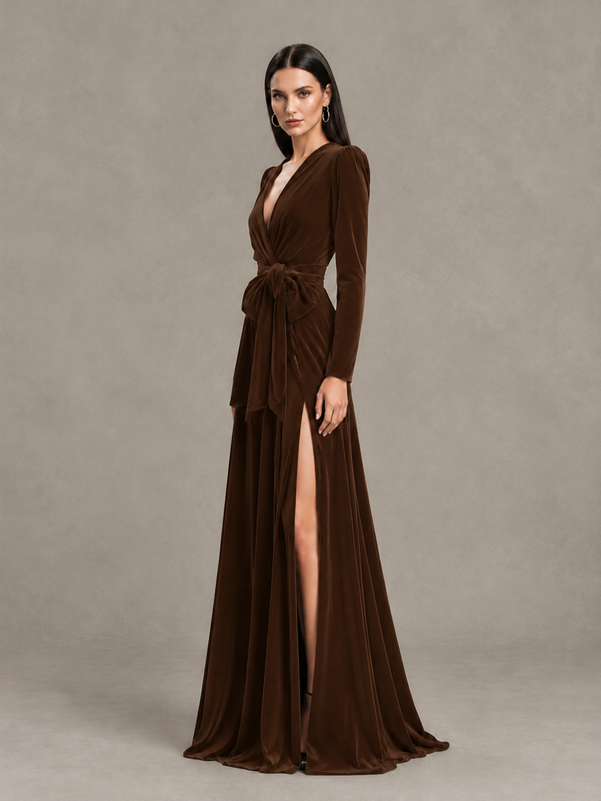 BOLODOO Chocolate Long Sleeve Velvet-Look Evening Dress with High Slit - Chocolate - Chocolate_3