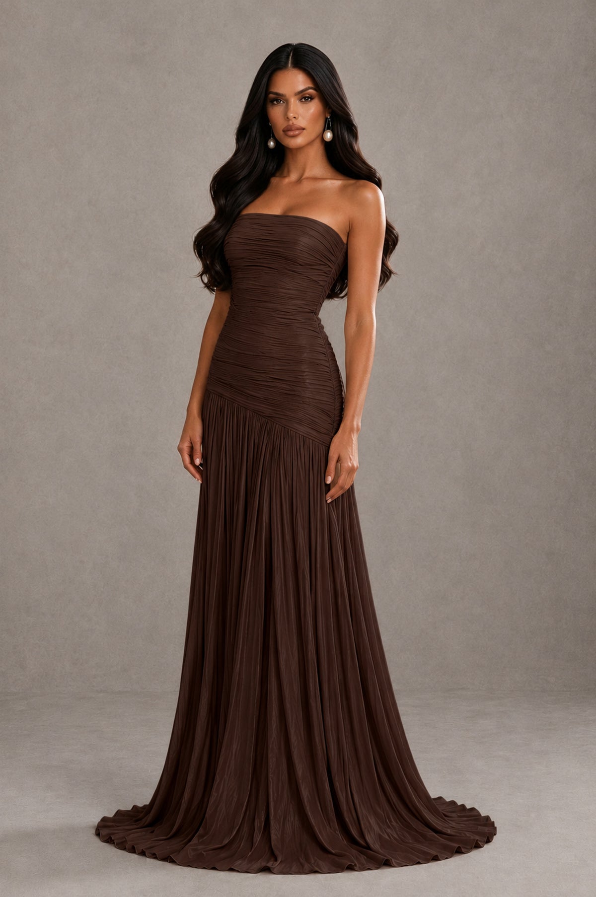 BOLODOO Chocolate Metallic Ruched Strapless Pleated A-Line Backless Maxi Dress with Train - Chocolate - Chocolate_3