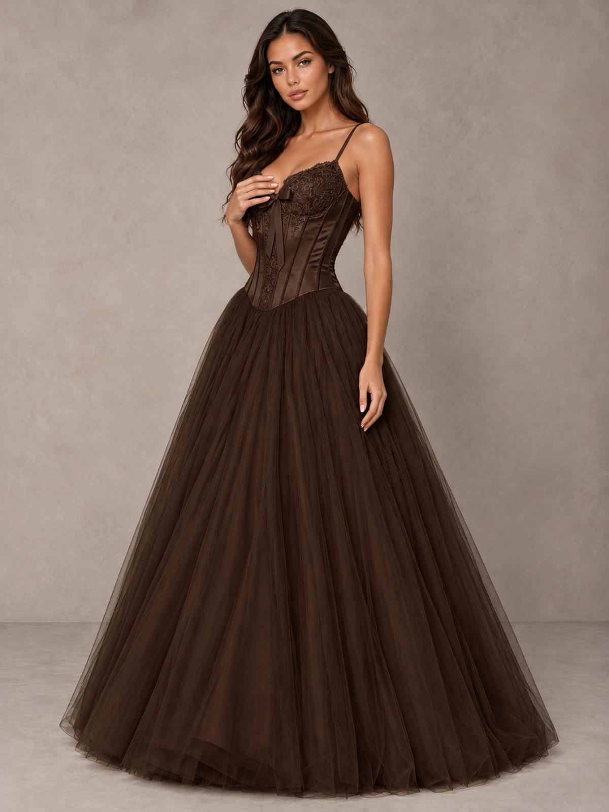 BOLODOO Chocolate Corset Tulle Prom Dress with Spaghetti Straps - Chocolate - Chocolate_3