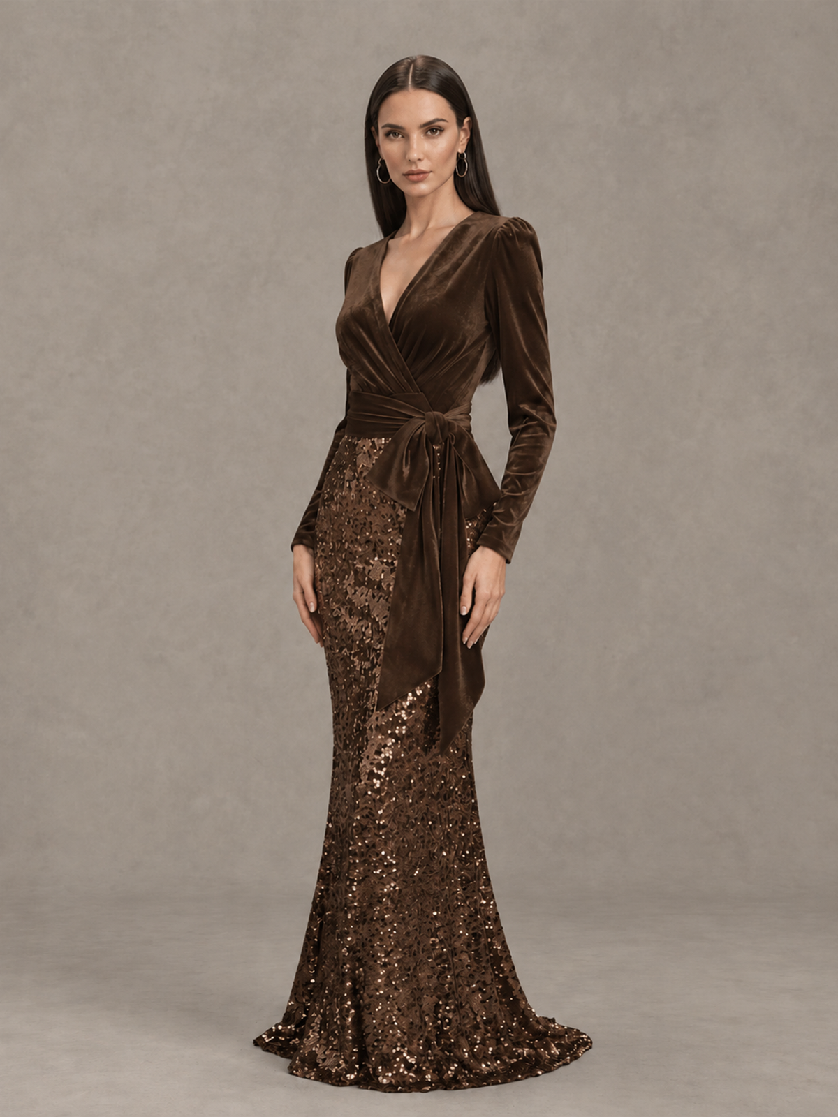 BOLODOO Chocolate Velvet & Sequin Long Sleeve V-Neck Mermaid Evening Gown - Chocolate - Chocolate_3