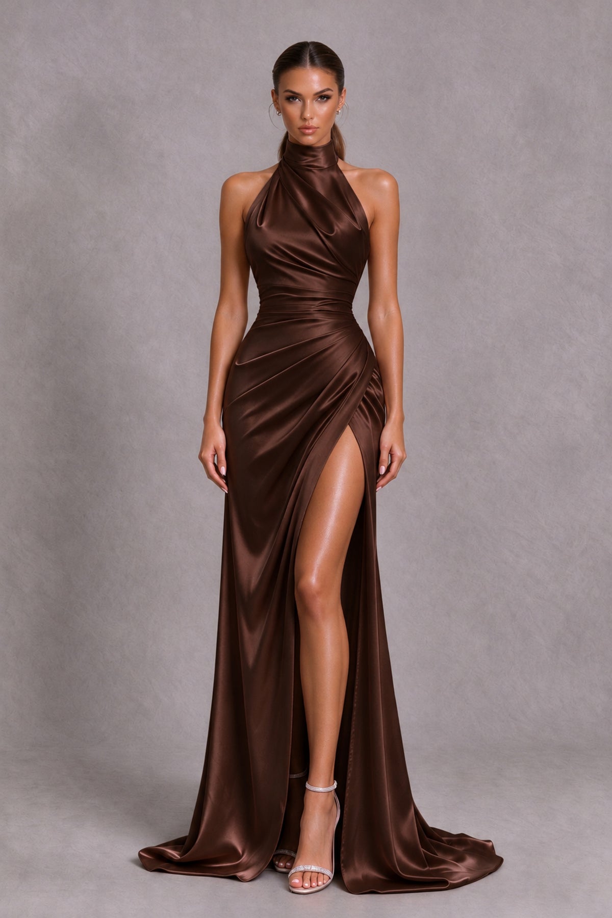 BOLODOO Chocolate Halter Satin-Look Evening Gown with High Slit - Chocolate - Chocolate_3