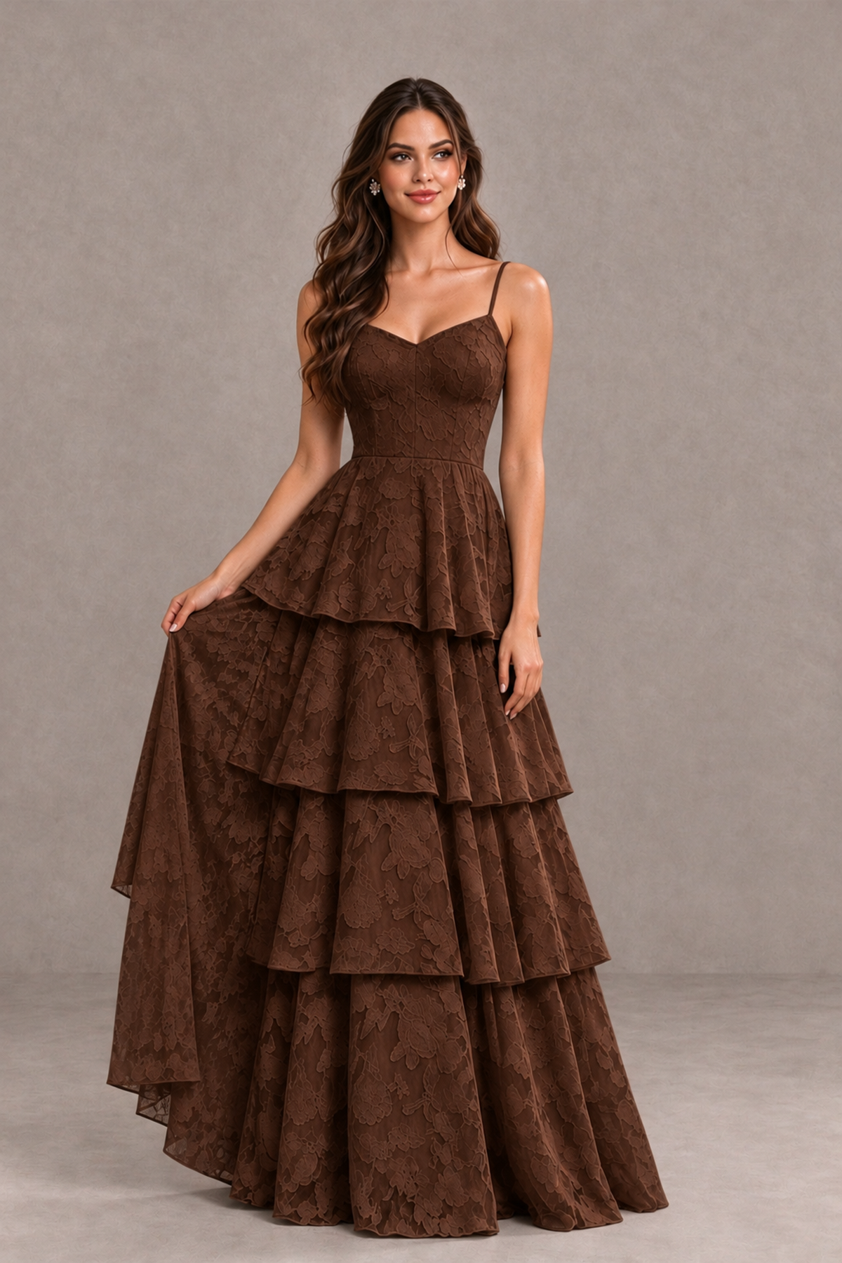 BOLODOO Chocolate Tiered Floral-Textured Spaghetti Strap Maxi Dress - Chocolate - Chocolate_3