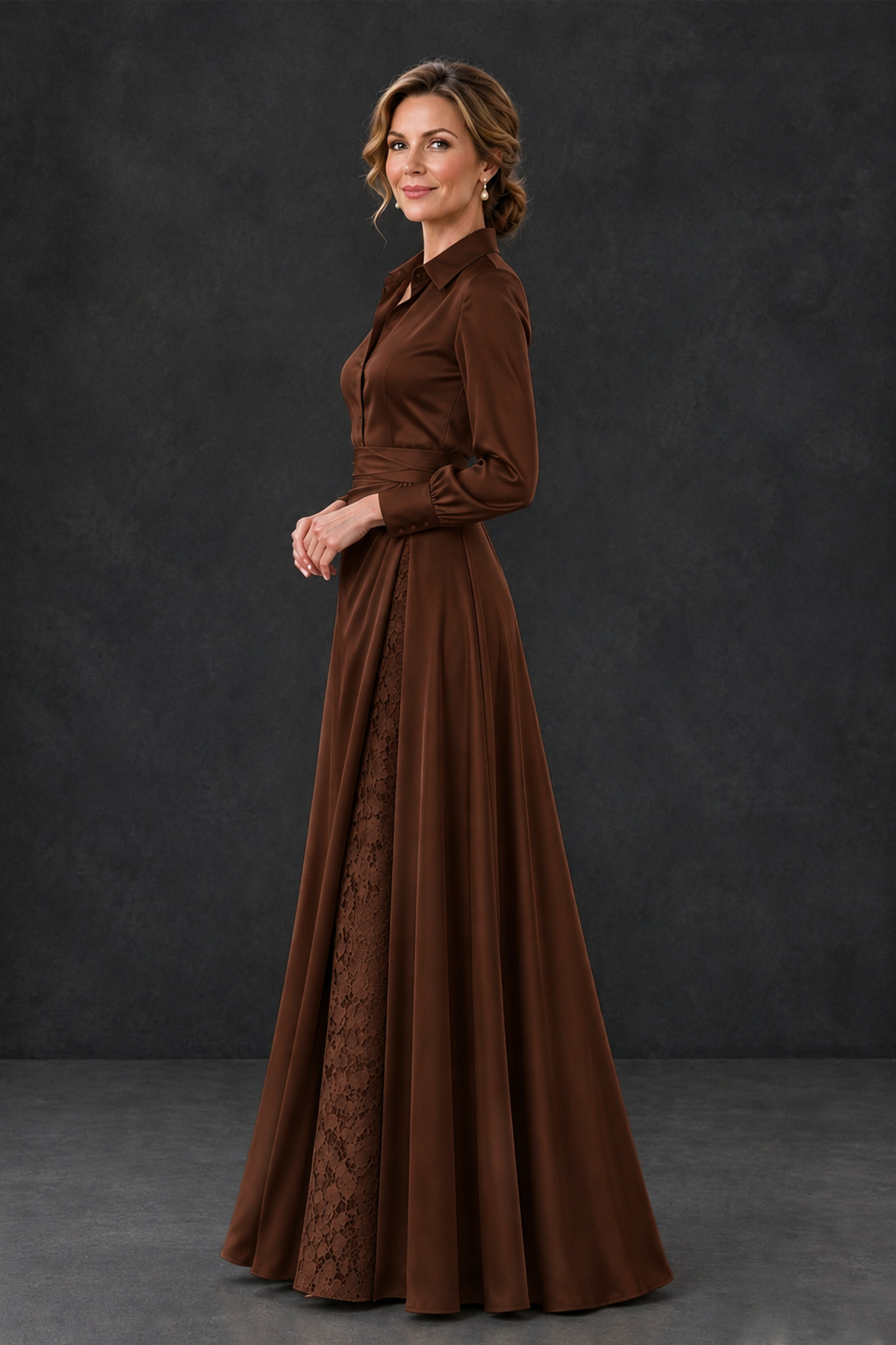 BOLODOO Chocolate Long Sleeve Satin-Look Lace Panel Gown - Chocolate - Chocolate_3