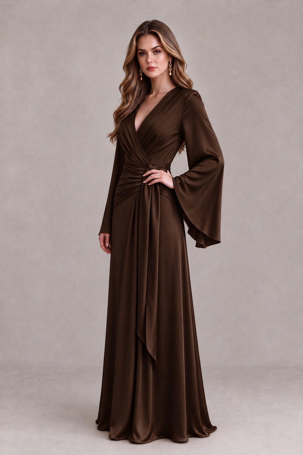 BOLODOO Chocolate Yellow Satin-Look V-Neck Long Bell Sleeve Evening Dress - Chocolate - Chocolate_3