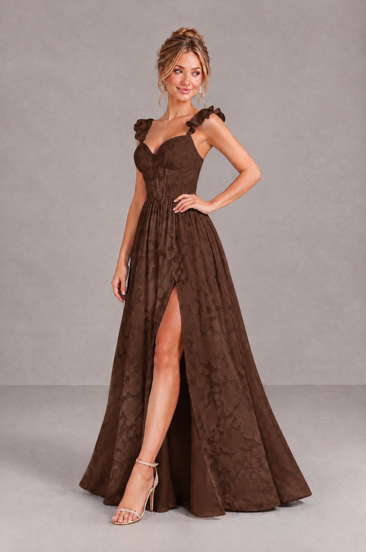 BOLODOO Chocolate Floral A-Line Bridesmaid Dress with Slit Ruffle Straps Maxi Gown - Chocolate - Chocolate_3