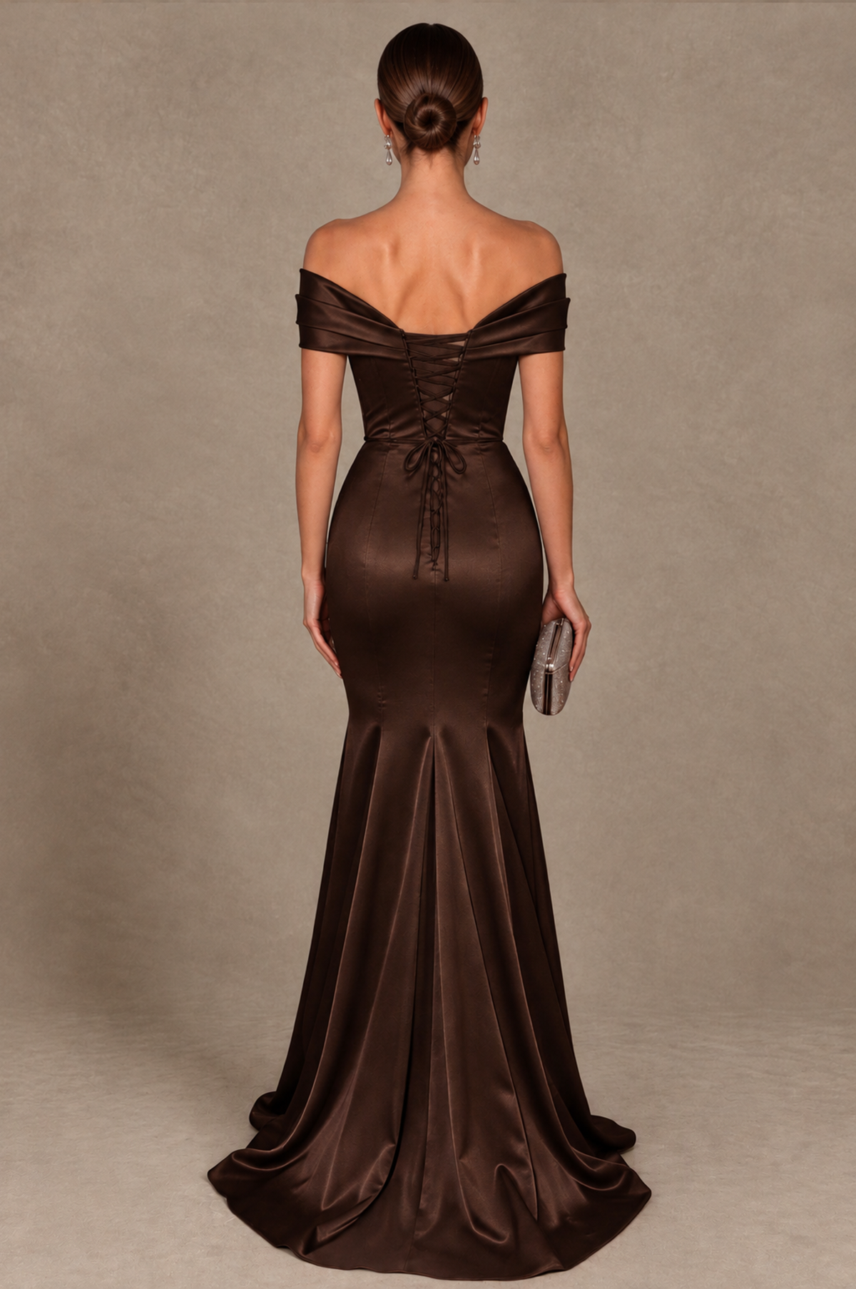 BOLODOO Chocolate Off-the-Shoulder Ruched Satin Mermaid Evening Dress - Chocolate - Chocolate_3