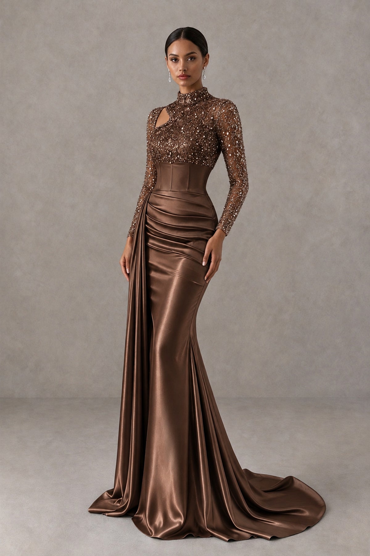 BOLODOO Chocolate Long Sleeve Embellished Satin Mermaid Evening Gown - Chocolate - Chocolate_3