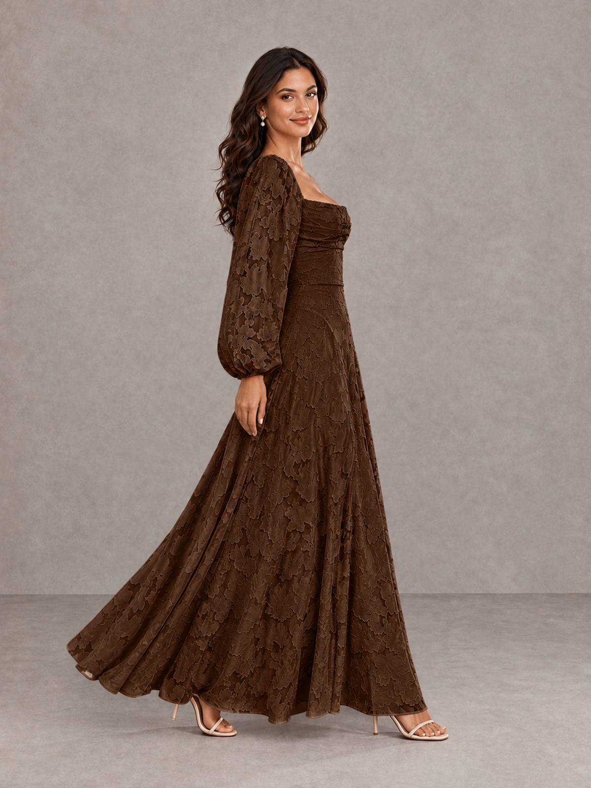 BOLODOO Chocolate Floral Long Sleeve A-Line Bridesmaid Dress - Chocolate - Chocolate_3
